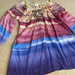 Tracy Reese silk top, cold shoulder, gold tassels